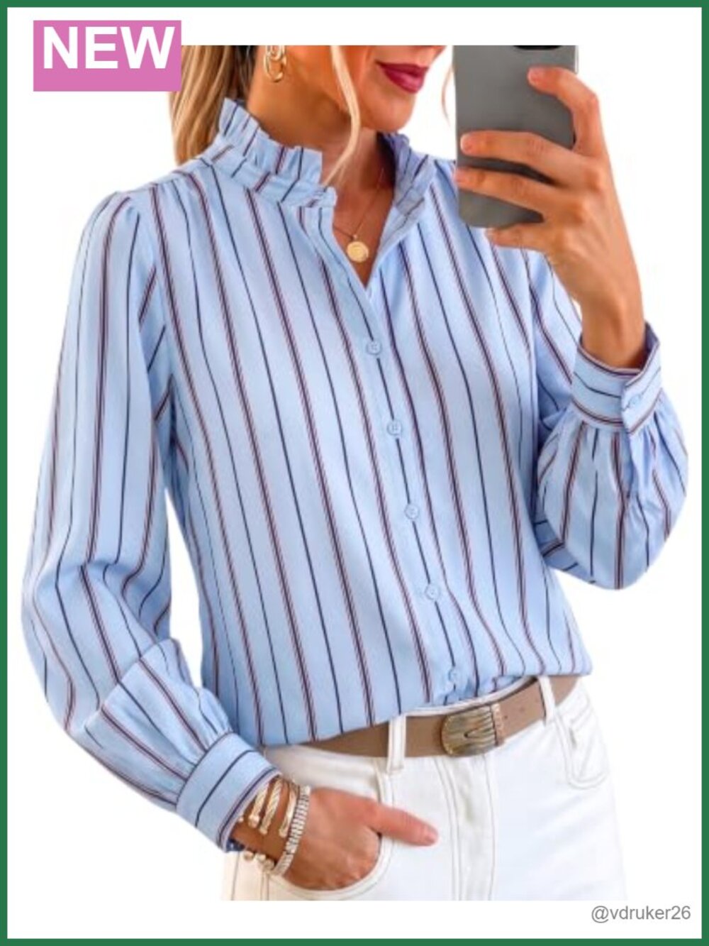 Striped Button Down Shirt Ruffle V Neck Color Block Blouse